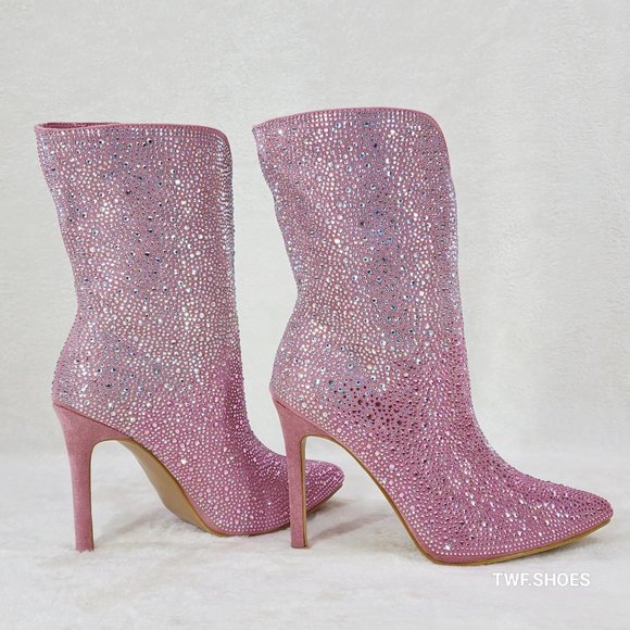 POSH Infinity Pink Rhinestone Slip On Stiletto High Heel V Top Ankle Boots